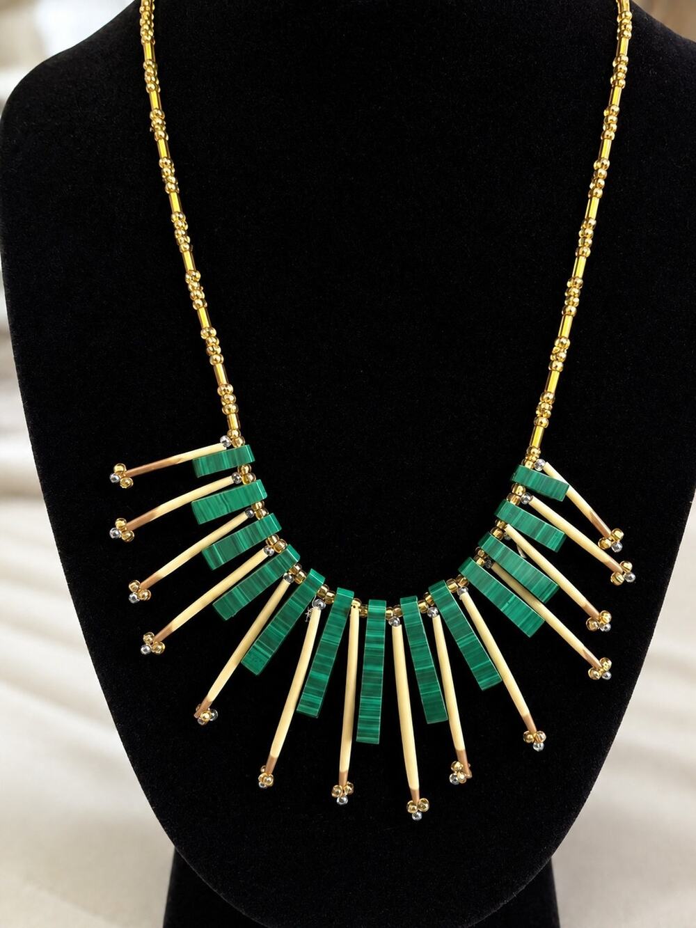 Vintage Gold Tone Green Lucite Statement Necklace & Fringe Earrings Set MCM